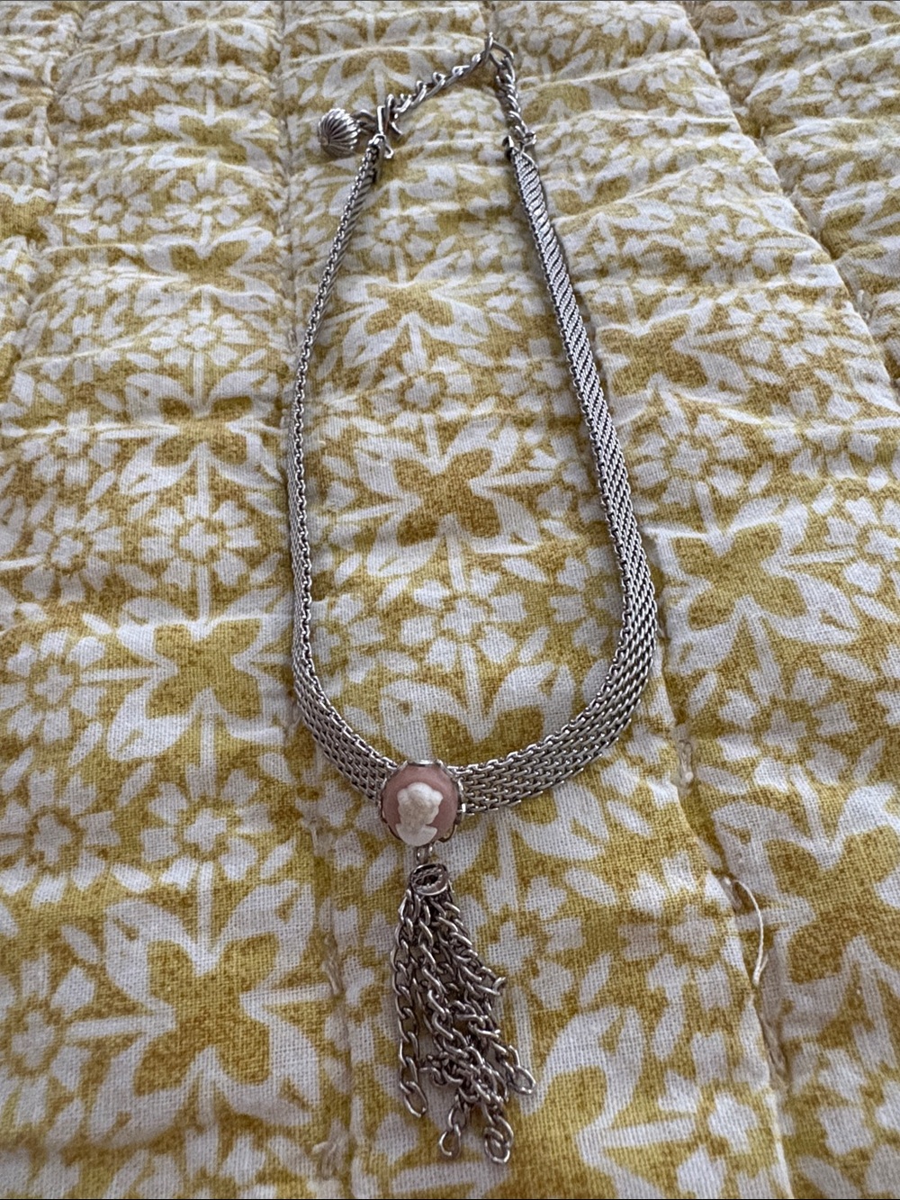 Vintage silver mesh choker with pink cameo